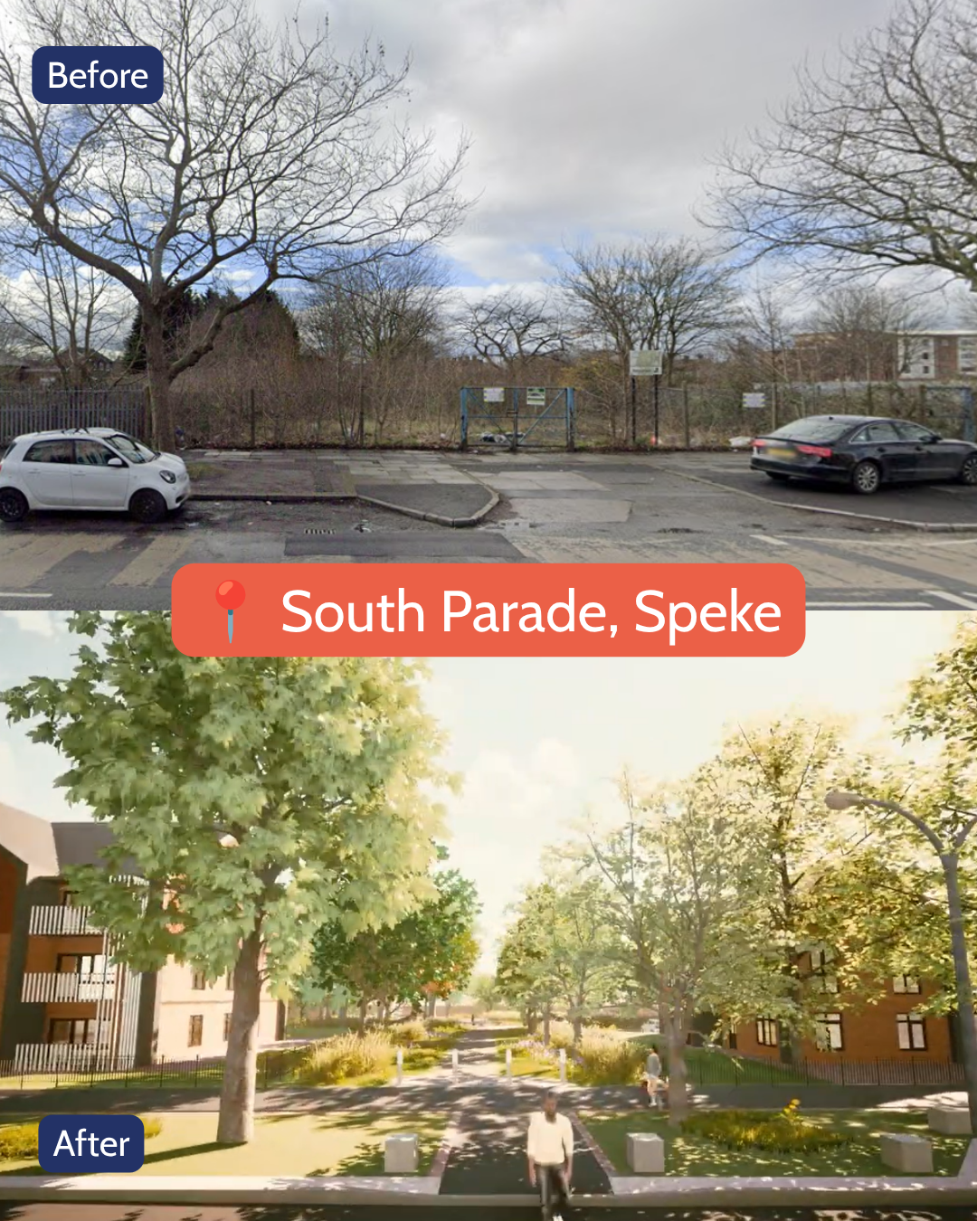 Before and after images of South Parade in Speke. The top image shows a fenced and overgrown vacant site beside a road. The bottom image shows a landscaped residential development with trees, pathways and new apartment buildings.